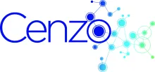 Cenzo-logo met blauwe tekst en molecuulachtige netwerkbolletjes in blauw en groen