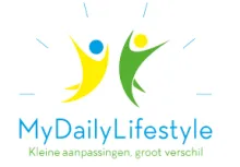 Logo MyDailyLifestyle met twee springende figuren en slogan “Kleine aanpassingen, groot verschil”